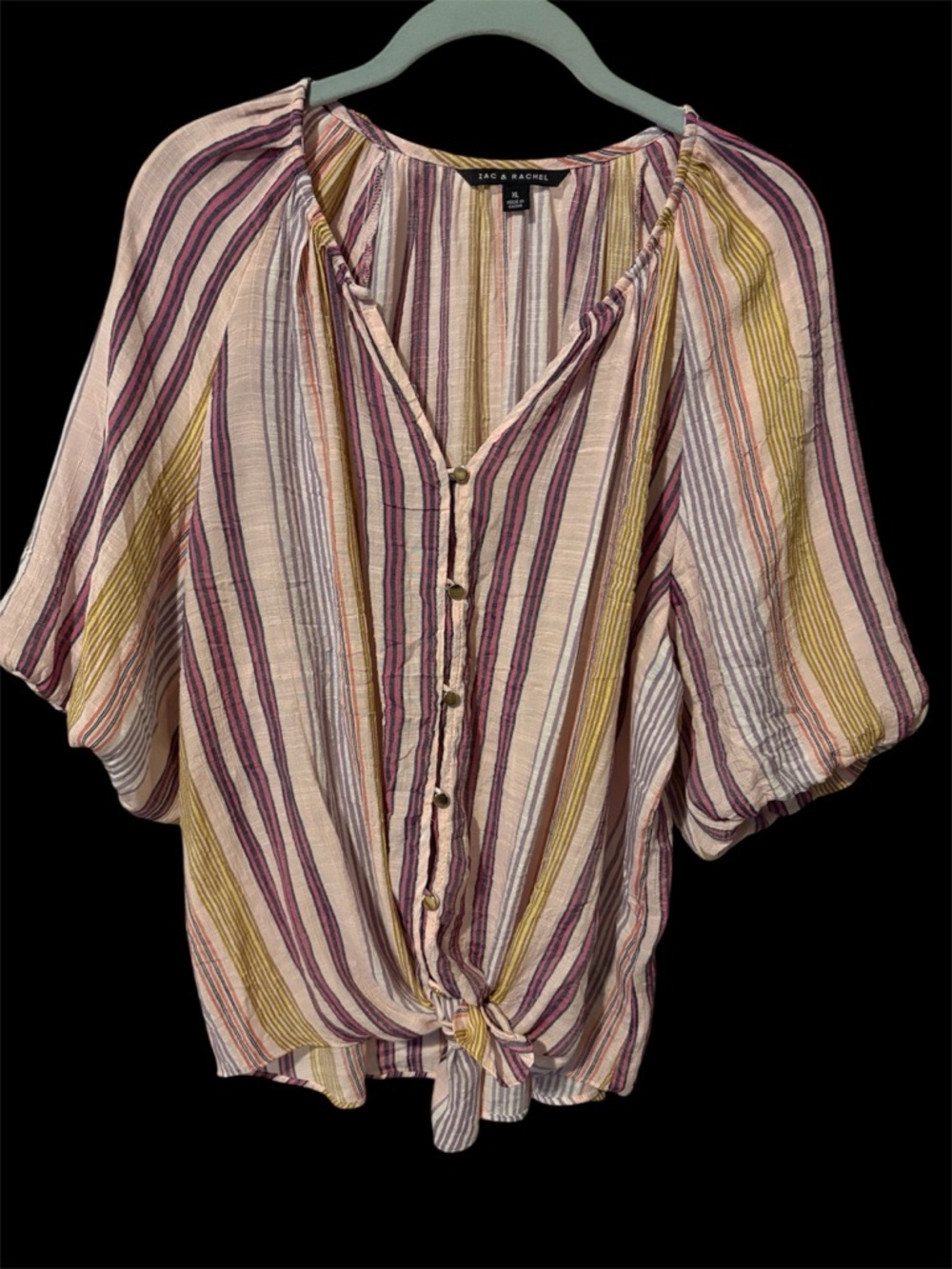 Zac & Rachel Striped Tie-Front Blouse in Pink, Plum, and Mustard
